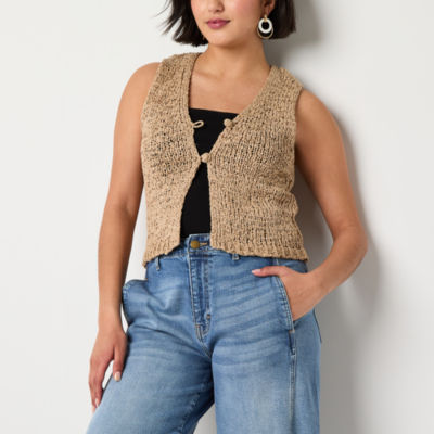 Womens V Neck Button Sweater Vest, Color: Brown Suede JCPenney