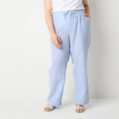 Liz Claiborne Linen Womens Wide Leg Mid Rise Loose Fit Plus Drawstring Pant