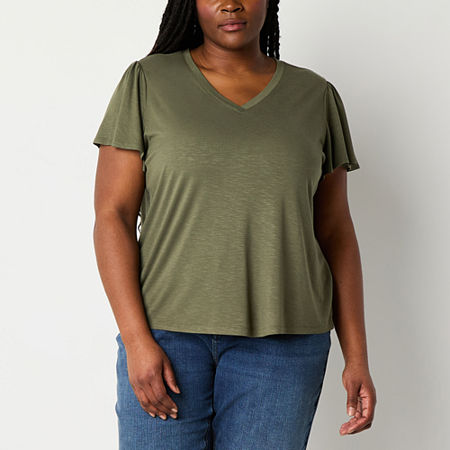 Liz Claiborne Womens V Neck Short Sleeve Plus T-Shirt, 3x, Green