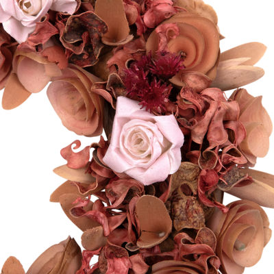 Northlight 12" Pink Silk Roses And Wooden Flowers Artificial Unlit Wreath