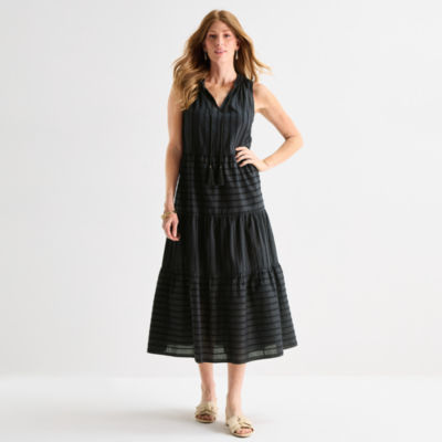 Liz Claiborne Womens Midi V Neck Sleeveless Peasant Dress