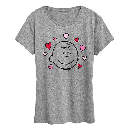 Charlie Face With Hearts Womens Crew Neck Short Sleeve Classic Fit Peanuts Graphic T-Shirt, Medium, Gray