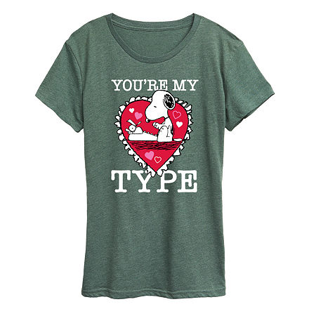 Youre My Type Womens Crew Neck Short Sleeve Classic Fit Peanuts Graphic T-Shirt, Medium, Green