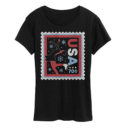 Figure Skater Stamp Womens Crew Neck Short Sleeve Classic Fit Graphic T-Shirt, Small, Black