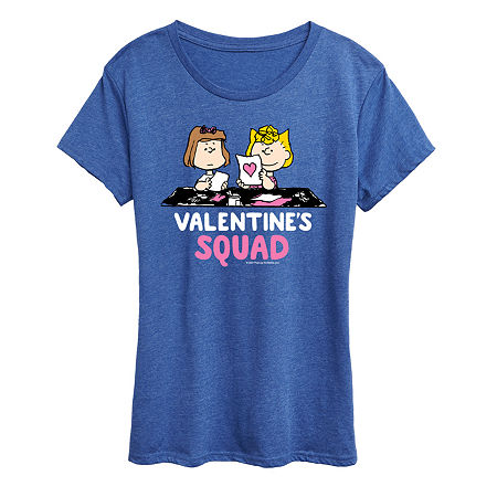 Peanuts Valentines Squad Womens Crew Neck Short Sleeve Classic Fit Peanuts Graphic T-Shirt, Large, Blue