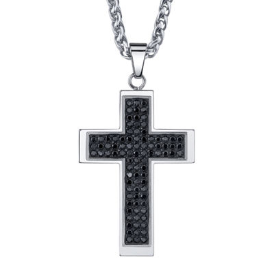 Mens Stainless Steel & Black Cubic Zirconia Cross Pendant Necklace ...