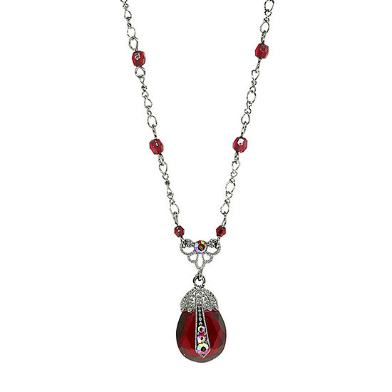 1928 Silver Tone Red Crystal 16 Inch Link Pendant