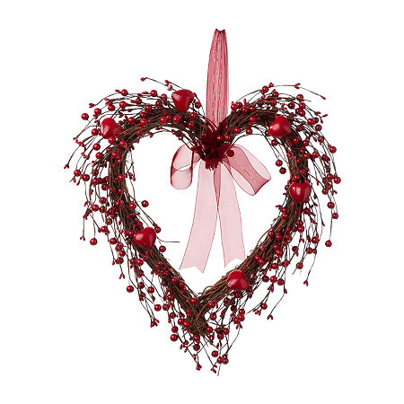 Glitzhome Heart Shaped Hearts & Berry Wreath, One Size, Red