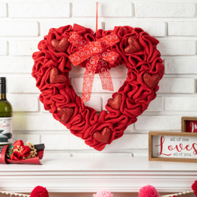 Glitzhome Red Burlap Heart Indoor Wreath