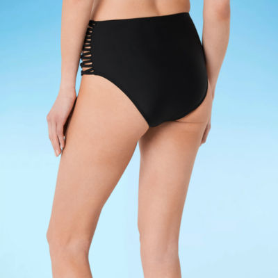 Decree Womens Solid Black Strappy Swimsuit Bottom Juniors