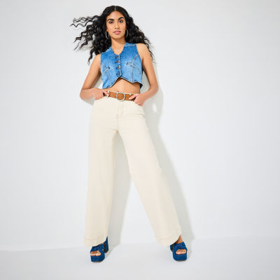 In-Vest In Denim: a.n.a Denim Vest, High-Rise Wide Leg Jeans, Heeled Sandals, Jean Belt, Hoop Earrings
