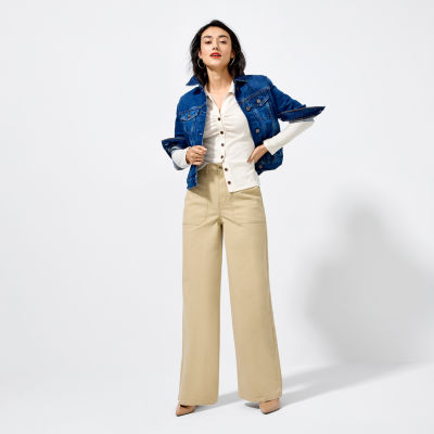 Uniform In Utility: a.n.a Denim Jacket, Polo Shirt, High-Rise Wide-Leg Utility Pants, Worthington Pointed-Toe Heels, Hoop Earrings