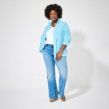 Everyday Blues: Women's Plus a.n.a Striped Oversized Shirt, Scoop