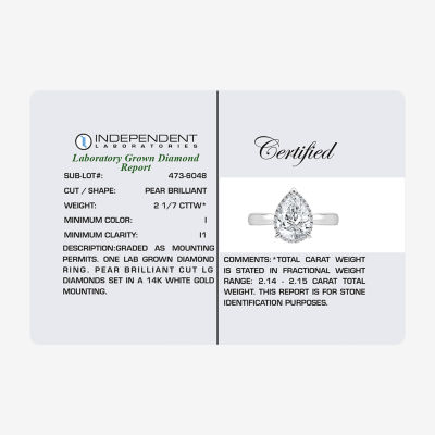 (I / I1) Womens 2 1/7 Ct. T.W. Lab Grown White Diamond 14K Gold Pear Halo Engagement Ring