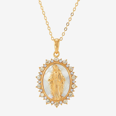 Miraculous Medal Womens White Mother Of Pearl 14K Gold Over Silver Oval Pendant Necklace