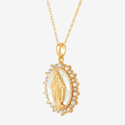 Religious Jewelry Miraculous Medal Womens White Mother Of Pearl 14K Gold Over Silver Oval Pendant Necklace