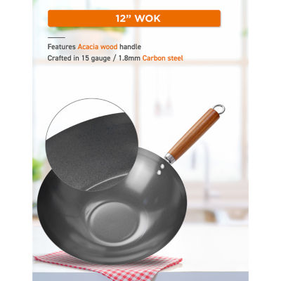 Commercial Chef 12 Inch Carbon With Wood Handle Steel Non-Stick Wok