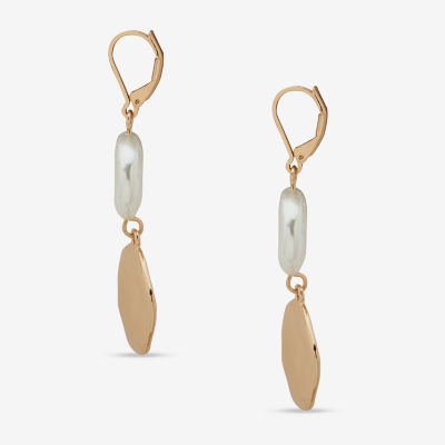 Worthington Gold Tone Coin White Simulated Pearl Oval Drop Earrings