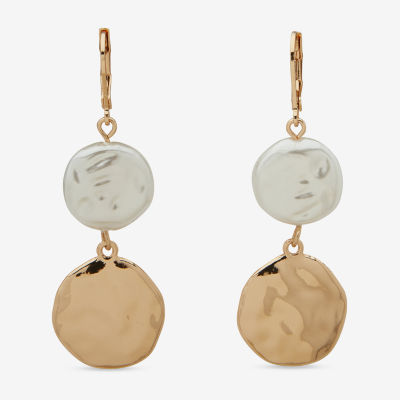 Worthington Gold Tone Coin White Simulated Pearl Oval Drop Earrings