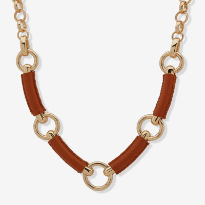 Worthington Gold Tone Cognac Leather Gold Tone 17 Inch Collar Necklace