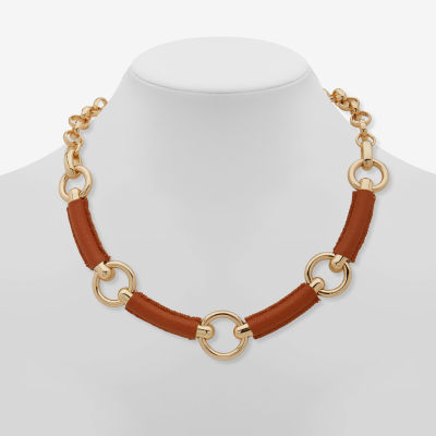Worthington Gold Tone Cognac Leather Gold Tone 17 Inch Collar Necklace
