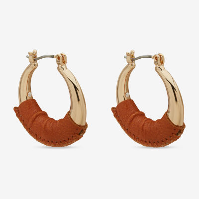 Worthington Gold Tone Cognac Leather 23.8mm Hoop Earrings