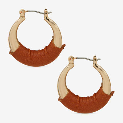 Worthington Gold Tone Cognac Leather 23.8mm Hoop Earrings