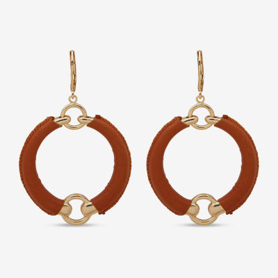 Worthington Gold Tone Cognac Leather Drop Earrings