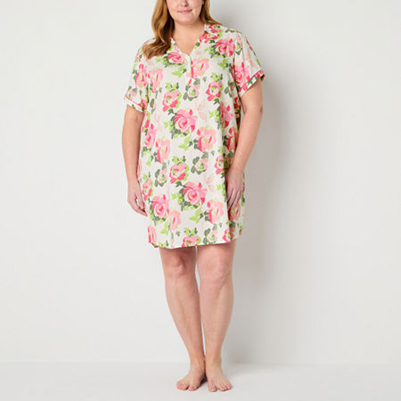 Liz Claiborne Womens Plus Poplin Short Sleeve Nightshirt, 2x, White