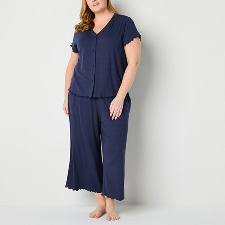 Liz Claiborne Womens Plus Rib 2-pc. V-Neck Short Sleeve Capri Pajama Set, 1x, Blue