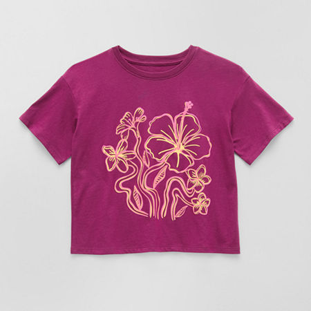 Thereabouts Little & Big Girls Boxy Crew Neck Short Sleeve Graphic T-Shirt, Medium (10-12), Purple