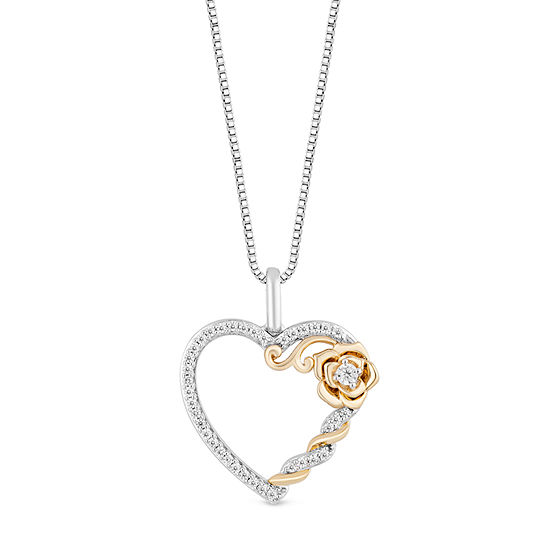 Enchanted Disney Fine Jewelry Womens 1/6 CT. T.W. Genuine White Diamond 14K Gold Over Silver Heart Beauty and the Beast Belle Princess Pendant Necklace
