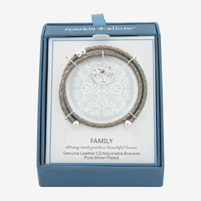 Sparkle Allure Grey Leather Coil Tree Of Life Womens Cubic Zirconia Pure Silver Over Brass Wrap Bracelet