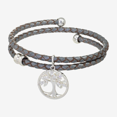 Sparkle Allure Grey Leather Coil Tree Of Life Womens Cubic Zirconia Pure Silver Over Brass Wrap Bracelet
