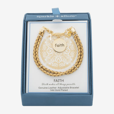 Sparkle Allure Leather Faith Womens Yellow Cubic Zirconia 14K Gold Over Brass Cross Round Charm Bracelet