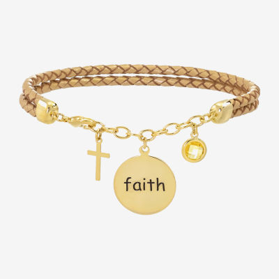 Sparkle Allure Leather Faith Womens Yellow Cubic Zirconia 14K Gold Over Brass Cross Round Charm Bracelet