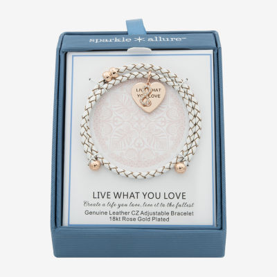 Sparkle Allure White Leather Coil Womens Cubic Zirconia 18K Rose Gold Over Brass Wrap Bracelet