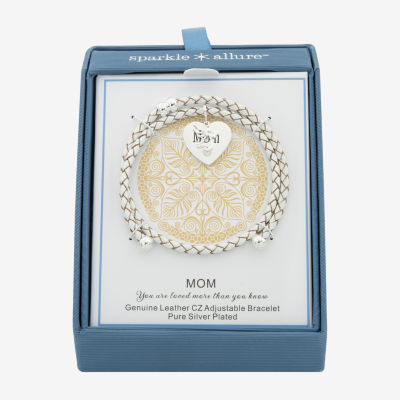 Sparkle Allure White Leather Coil Mom Womens Cubic Zirconia Pure Silver Over Brass Wrap Bracelet