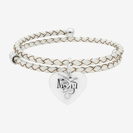 Sparkle Allure White Leather Coil Mom Womens Cubic Zirconia Pure Silver Over Brass Wrap Bracelet, One Size