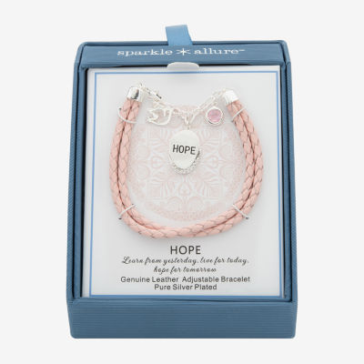 Sparkle Allure Pink Leather Hope Dove Womens Cubic Zirconia Pure Silver Over Brass Round Charm Bracelet