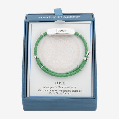 Sparkle Allure Green Leather Love Womens Bar Bolo Bracelet