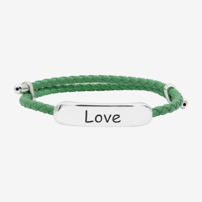 Sparkle Allure Green Leather Love Womens Bar Bolo Bracelet