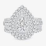 Womens 2 CT. T.W. Genuine White Diamond 10K or 14K White Gold Pear Side Stone Halo Bridal Set