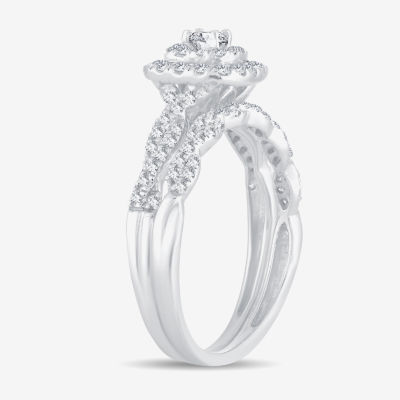 Womens 1/2 CT.T.W. Natural Diamond 10K or 14K White Gold Cushion Halo Bridal Set