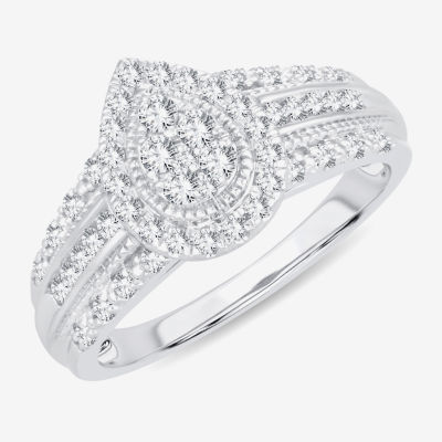 Womens 1/2 CT.T.W. Natural Diamond 10K or 14K White Gold Pear Side Stone Halo Engagement Ring