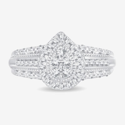 Womens 1/2 CT.T.W. Natural Diamond 10K or 14K White Gold Pear Side Stone Halo Engagement Ring