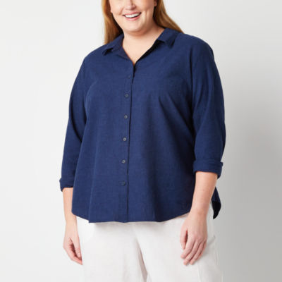Liz Claiborne Plus Linen Womens Long Sleeve Loose Fit ButtonDown Shirt, Color Indigo JCPenney