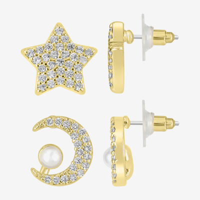 Bijoux Bar Delicates Gold Tone 2 Pair Simulated Pearl Moon Star Earring Set