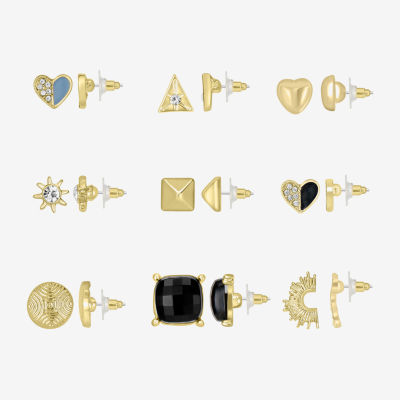 Bijoux Bar Delicates Gold Tone 9 Pair Glass Circle Heart Square Earring Set