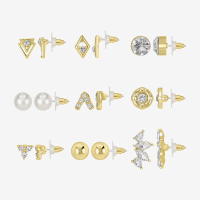 Bijoux Bar Delicates Gold Tone 9 Pair Simulated Pearl Ball Circle Diamond Earring Set